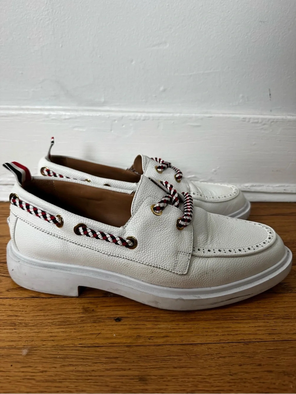 Thom Browne White Leather Boat Shoes with Red-Black-Cream Rope Laces